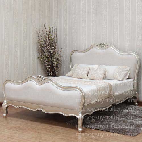 B 205 – Chic Bed with fabric Uphlstered in Antique Silver Leaf King Size