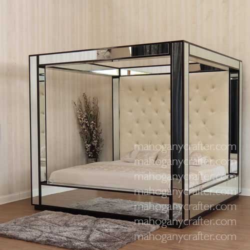 MF 017-AH – Mirrored Canopy Bed With Button Tufted Velvet Upholstery – Higher Platform King Size