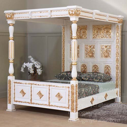 B 079 – Ancestral Canopy Bed Painted White With Gold Finish – King Size