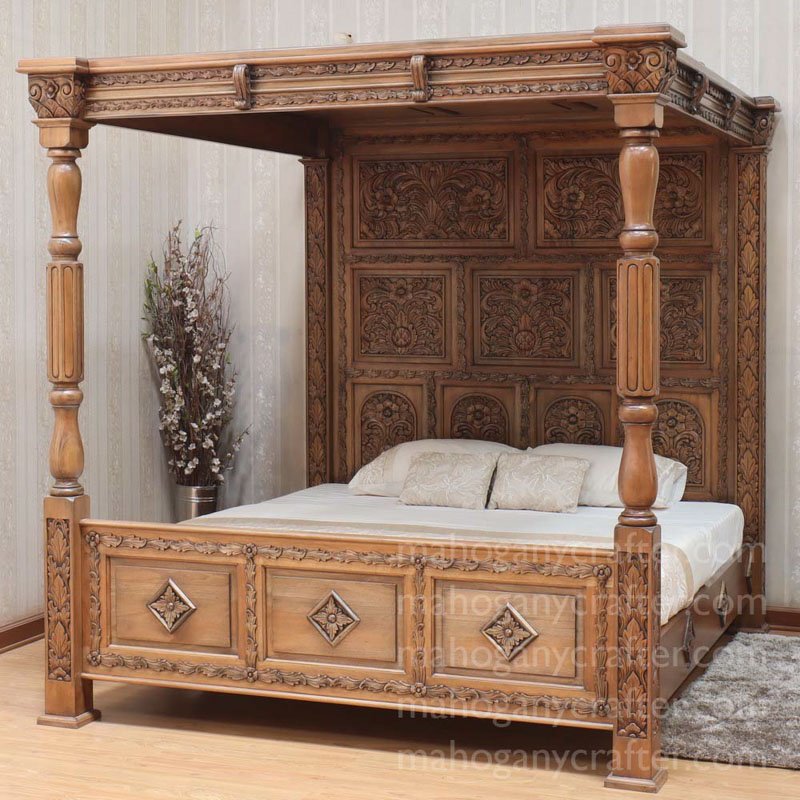 B 045 – Carved four Poster Bed In in Light Oax wax finish