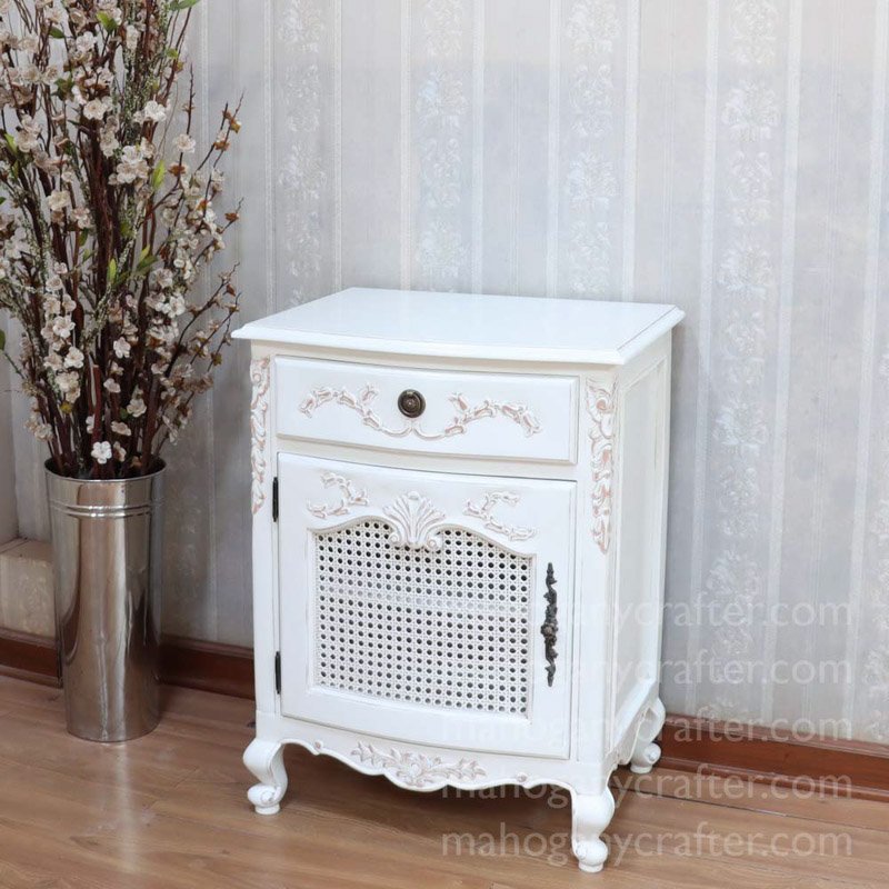 BS 052 – Antoinette bedside With Rattan Panel In Antique White with distress 62x48x82cm