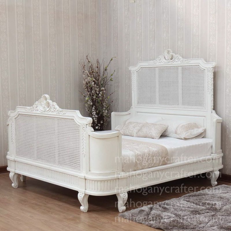 CFR 0009 Juliette Bed With Upholstery With Rattan Panel in antique white